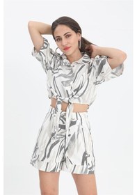 Resim Gömlek Kısa Önden Bağlamalı Keten - Siyah-siyah Siyah 