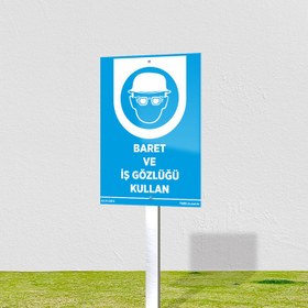 Resim Baret Ve İş Gözlüğü Kullan Levhası - 60x90 cm / Kompozit 