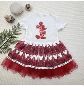 Resim 1-2-3 Yaş Payetli Mickey Baskılı Brode Etekli Kız Bebek Elbisesi Kırmızı Kırmızı 
