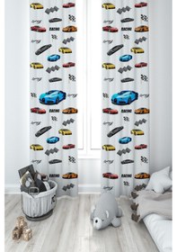 Resim Mekta Home Bebek Ve Çocuk Odası Yarış Arabalaları Desenli 2 Kanat Fon Perde 