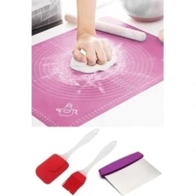 Resim Megaw Hamur Açma Matı + Çelik Hamur Kesme Spatulası + Silikon Yumurta Fırçası ve Spatula 2'li Set 
