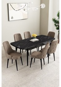 Resim Clara Siyah Mermer Desen 80x132 Açılabilir Mdf Masa Yemek Odası Takımı,mutfak Takımı 6 Adet Sandalye Cappuccino 
