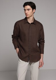 Resim Regular Fit Shirt Neck Düz Erkek Kahverengi Uzun Kol Gömlek Colin's