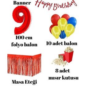 Resim 9 Yaş Kırmızı Balon Rakam Folyo Banner Mısır Kutusu Masa Eteği 