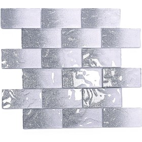 Resim MozaiKristaL Mutfak alnı ve iç dekorasyon için 48x98mm. Beyaz-Gümüş Sim efekti, 30x30cm. Fileli Kristal Mozaik 