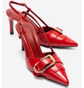 Resim Luvishoes Noen Kırmızı Cilt Tokalı Sivri Burun Kadın Topuklu Ayakkabı 