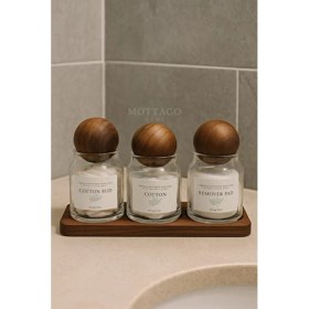 Resim Mottogo 3’lü Cam Kavanoz Banyo Seti - Akasya Kapaklı Pamukluk & Kulak Çubuğu Kutusu 3 Bölmeli Ahşap Stant 