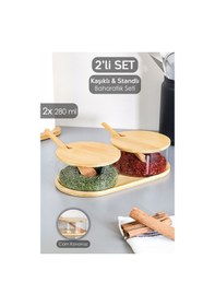 Resim 2'li Bambu Kapaklı Cam Baharatlık Seti - Bambu Kaşıklı Standlı Tuzluk Biberlik Baharat Takımı 280 Ml ŞEffaf 