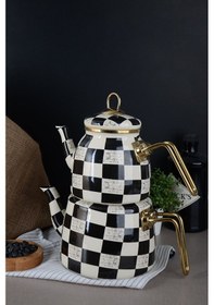 Resim Bayev Elite Class Dama Emaye Çaydanlık - Siyah Beyaz Şık Tasarım Çaydanlık Beyaz - Siyah 