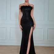 Resim Kadınların şık Bodycon parti elbisesi, %95 Polyester %5 Elastan, Detaylı Örgü Kumaş, Düz Renk, Tüm Mevsimler, Yan Delikli Sırtı Açık Elbise, Bandeau Yaka, 170gsm Kumaş Ağırlığı 