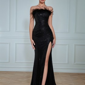 Resim Kadınların şık Bodycon parti elbisesi, %95 Polyester %5 Elastan, Detaylı Örgü Kumaş, Düz Renk, Tüm Mevsimler, Yan Delikli Sırtı Açık Elbise, Bandeau Yaka, 170gsm Kumaş Ağırlığı 