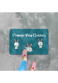 Resim Dijital Baskılı Kapı Önü Paspas Hoşgeldiniz Yazılı Çiçek Desen Ve Tavşan Iç Ve Dış Kapı Yıkanabilir Gri 