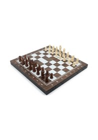 Resim Lüks Ahşap Ceviz Görünümlü Katlanabilir 3 Ü 1 Arada Satranç Dama Tavla Seti 34 X 34 Cm Oyun Takımı 