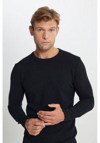 Resim AC&Co / Altınyıldız Classics Erkek Sıyah Pamuklu Standart Fit Normal Kesim Bisiklet Yaka Jakarlı Triko Kazak Siyah 