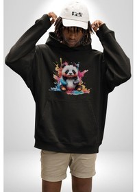Resim Renkli Yavru Panda Kadın Erkek Siyah Kapüşonlu Sweatshirt Hoodie Siyah 