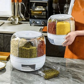 Resim 1 Adet Büyük Kapasiteli Döner Pirinç Dağıtıcı - Çok Bölmeli, Nem ve Böcek Geçirmez Tahıl, Un Saklama Kabı - Mutfak Dolapları İçin Mükemmel, Cam Pirinç Dağıtıcı 