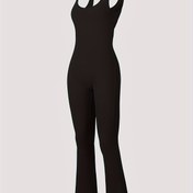 Resim Solid Yoga Bodysuit Pantolon, Kolsuz Üst Yüksek Elastik Yüksek Bel Egzersiz Rahat Karın Kontrolü Çan Paça Tayt Cep ile 