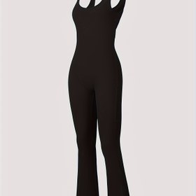 Resim Solid Yoga Bodysuit Pantolon, Kolsuz Üst Yüksek Elastik Yüksek Bel Egzersiz Rahat Karın Kontrolü Çan Paça Tayt Cep ile 