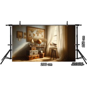 Resim Venspor Vintage Seyahat ve Keşif: Dünya Haritası ve Bavullar Temalı Arkaplan - 200x150cm Fon Duvar Örtüsü 