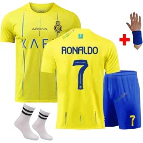 Resim Cristiano Ronaldo Al-Nassr Sarı-Mavi Yeni Sezon Çocuk Forması 4lü Set Çorap+Biliklik Hediye 