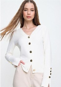Resim Kadın Gold Düğme Detaylı Yumuşak Dokulu Triko Hırka 3007230 Ekru 