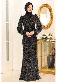 Resim Raika Moda Parıltılı Kol Detaylı Şimal Tesettür Büyük Abiye Siyah 
