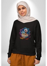 Resim Sevimli Bebek Ejderha Elmas Yumurta Unisex Siyah Baskılı Sweatshirt Siyah 