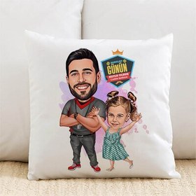 Resim Futbol Sever Baba ve Kızı Karikatürlü Yastık 