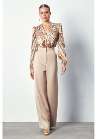 Resim Sateen Desenli Bodysuit Bluz - Camel 