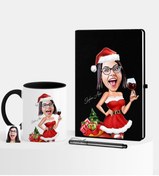 Resim Bk Gift Kişiye Özel Yılbaşı Temalı Karikatürlü Siyah Defter Kalem Kupa Seti - 2 