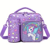 Resim 1 Adet Sevimli Küçük Kızlar İzole Öğle Yemeği Çantası, Birden Fazla Bölmeli ve Su Matarası Cebi ile Unicorn Desenli 