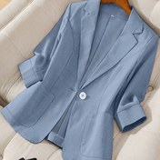 Resim Kadınların Şık Hafif Mavi Tek Düğmeli Blazer, Yaka Yaka, Üç Çeyrek Uzunluklu Kollu ve Yan Cebi ile - Tüm Mevsimler İçin Şık Polyester Ceket, Günlük ve Resmi Durumlar İçin Mükemmel, Günlük Ceket|Şık Blazer|Polyester Ceket 