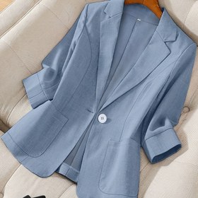 Resim Kadınların Şık Hafif Mavi Tek Düğmeli Blazer, Yaka Yaka, Üç Çeyrek Uzunluklu Kollu ve Yan Cebi ile - Tüm Mevsimler İçin Şık Polyester Ceket, Günlük ve Resmi Durumlar İçin Mükemmel, Günlük Ceket|Şık Blazer|Polyester Ceket 