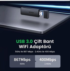 Resim Ugreen AC1300 USB 3.0 1300Mbps 2.4/5Ghz Wi-Fi Kablosuz Alıcı Ağ Adaptörü 