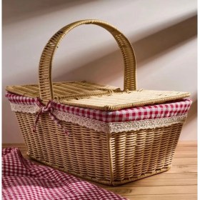 Resim Dore Kırmızı Ekoseli Kapaklı Hasır Piknik Sepeti 