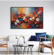 Resim Yağlı Boya Dokulu Tablo Soyut Renkli Bahar Çiçekleri Siyah Çerçeveli U02039-178892 