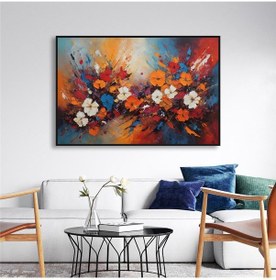 Resim Yağlı Boya Dokulu Tablo Soyut Renkli Bahar Çiçekleri Siyah Çerçeveli U02039-178892 