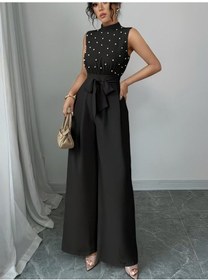 Resim Efnaz Style Kadın Balıkçı Yaka Kolsuz Incili Beli Kuşaklı Uzun Janjan Tulum Siyah 