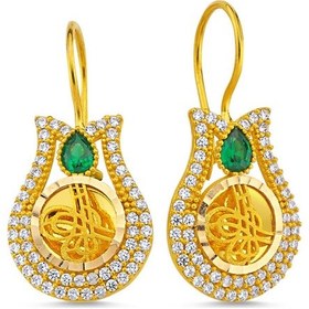 Resim Sembol Gold Altın Tuğralı Küpe Lale Tasarım Zümrütlü 