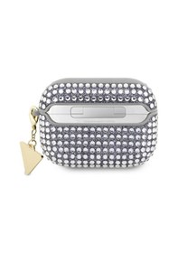 Resim Apple Uyumlu AirPods Pro 2 Kılıf Guess Lisanslı Parıltılı Taş Kaplamalı Üçgen Logo Süs Zincirli Gümüş 