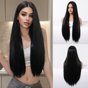 Resim Kadınlar için Şık 76.2 cm Siyah Düz Sentetik Peruk, Yüksek Sıcaklık Lif, 150% Yoğunluk, Gül Ağı ile, Parti ve Festivaller için 