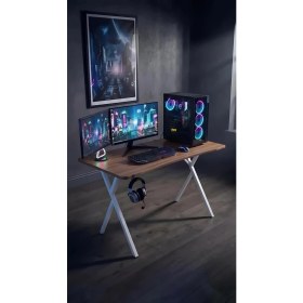 Resim Hey Modüler Mobilya 120 cm Gaming Profesyonel Oyuncu Masası Ceviz Tabla, Beyaz Metal Ayaklı Hey Gaming 