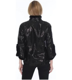 Resim Hakiki Deri Fermuarlı Parlak Kürklü Kadın Ceket Siyah Siyah 