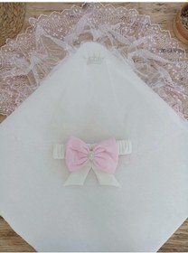 Resim Bal Peteği My Princess Taç Nakış İnci Fiyonklu Dantel Duvaklı Delüks Kundak Bebek Battaniyesi Pembe 