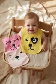 Resim DYZSTAR Lumi 3'lü Paket Hayvan Figürlü Bebek Mama Önlüğü Seti Yumuşak Dokulu Sıvı Emici Pamuklu Beslenme Önlüğü 