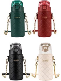 Resim DILLER 450ml Pipetli Deri Kılıflı Taşıma Askılı Deri Kılıflı Çelik Matara 6 Saat Sıcak/soğuk 