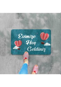 Resim Dijital Baskılı Hoş Geldiniz Yazılı Çiçek Desenli Kapı Önü Paspası İç Ve Dış İçin Yıkanabilir Kaymaz Siyha 