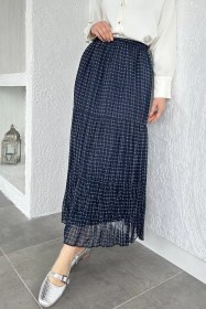 Resim Bel Lastikli Desenli Şifon Tesettür Etek Koyulacivert TZL-P-00020609 