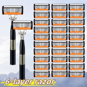 Resim Erkekler için Lüks Manuel Güvenlik Tıraş Bıçağı - 6 Katmanlı Paslanmaz Çelik Bıçaklar ve Kaymaz Sap ile Ergonomik Tasarım, Ağrısız Düzgün Tıraş İçin Dereceli Keskin Bıçaklar, Dayanıklı ve Hijyenik Erkek Bakım Aracı, Güvenli Tıraş | Şık Tıraş Makinesi Tasarımı | Rahat Tutuş 