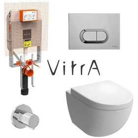 Resim Vitra Sento Kanalsız Klozet Beyaz Asma Klozet 7748b003-0559, Vitra Gömme Rezervuar Set 768-1851 Beyaz 